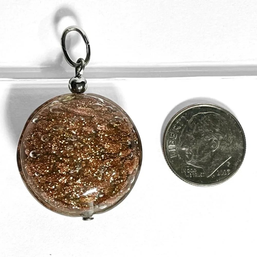 Art Glass Pendant Copper Tone Glitter Round Chunky Shimmer Boho Festival Charm